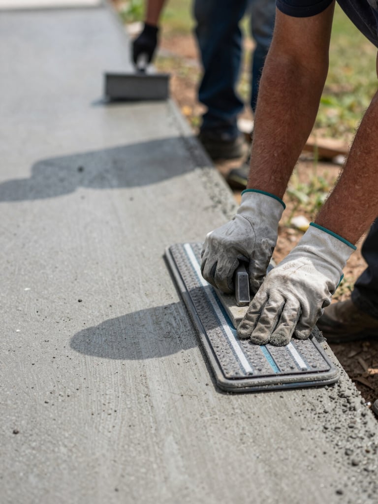 Close-up documentary shot of a concrete driveway edge freshly poured and finished in Columbus Georgia, crew member's gloved hands smoothing the surface with a float tool, natural daylight, strong shadow contrast