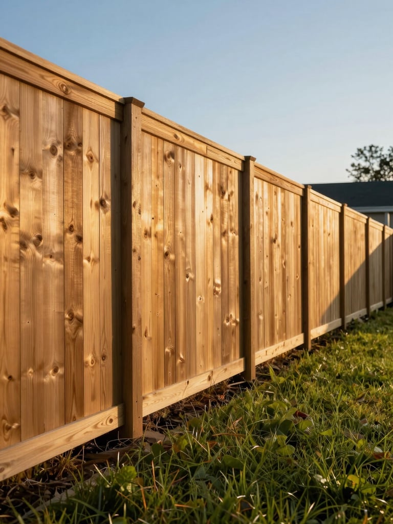 Wide shot of a freshly completed wood privacy fence running along a residential property line in Columbus Georgia, late afternoon golden light raking across the fence boards, green lawn in the foreground, clear blue sky above