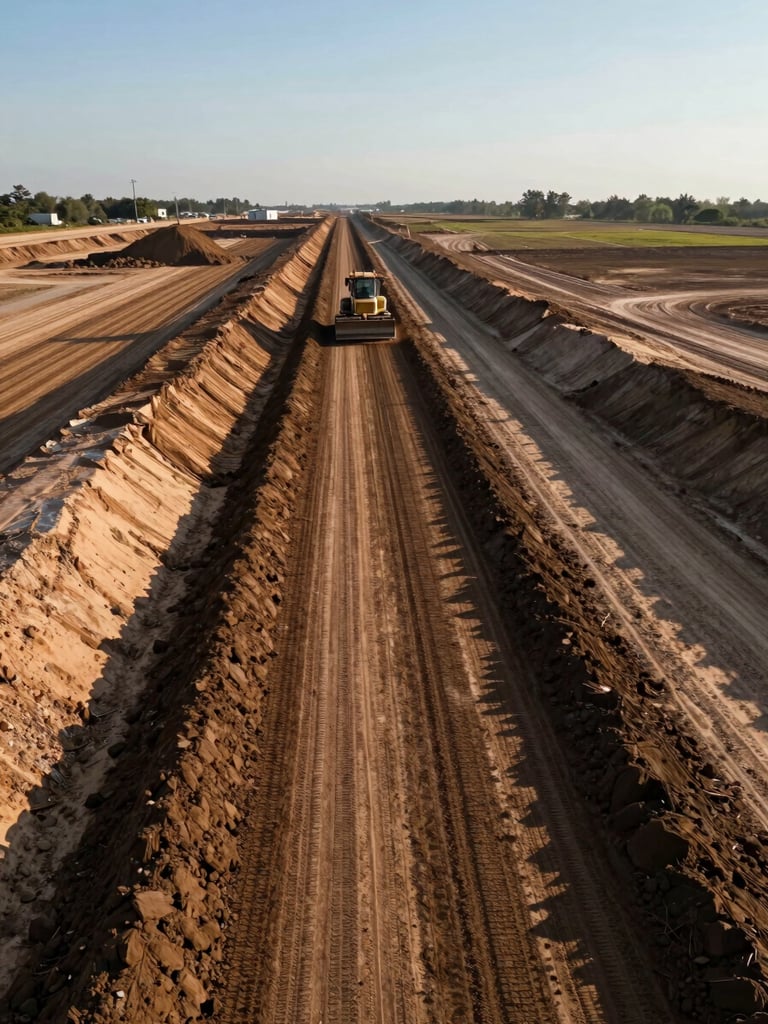 Wide aerial view looking down along a freshly graded road sub-base cutting through open earthworks, heavy grading equipment visible mid-distance, raw compacted soil in the foreground, late-afternoon directional light casting long shadows across the graded surface, expansive site extending to the horizon