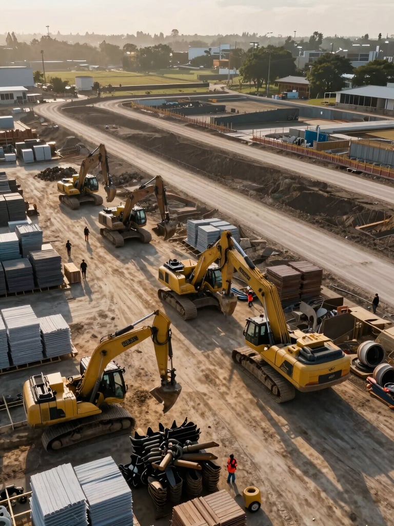 Wide aerial view looking down on an active infrastructure construction site at early morning — heavy equipment, material stockpiles, and crew staging areas visible in the foreground, completed road bed extending into the background, long shadows cast by low sun angle, no posed workers, full site context visible