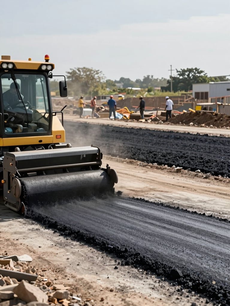 Wide environmental shot of an active road-base construction site in afternoon daylight — a paving machine lays asphalt in the foreground left, compacted gravel subbase visible in the middle ground, crew members working at distance with no faces turned toward camera, concrete grey and earthy brown tones dominate, real working conditions with dust visible in the air