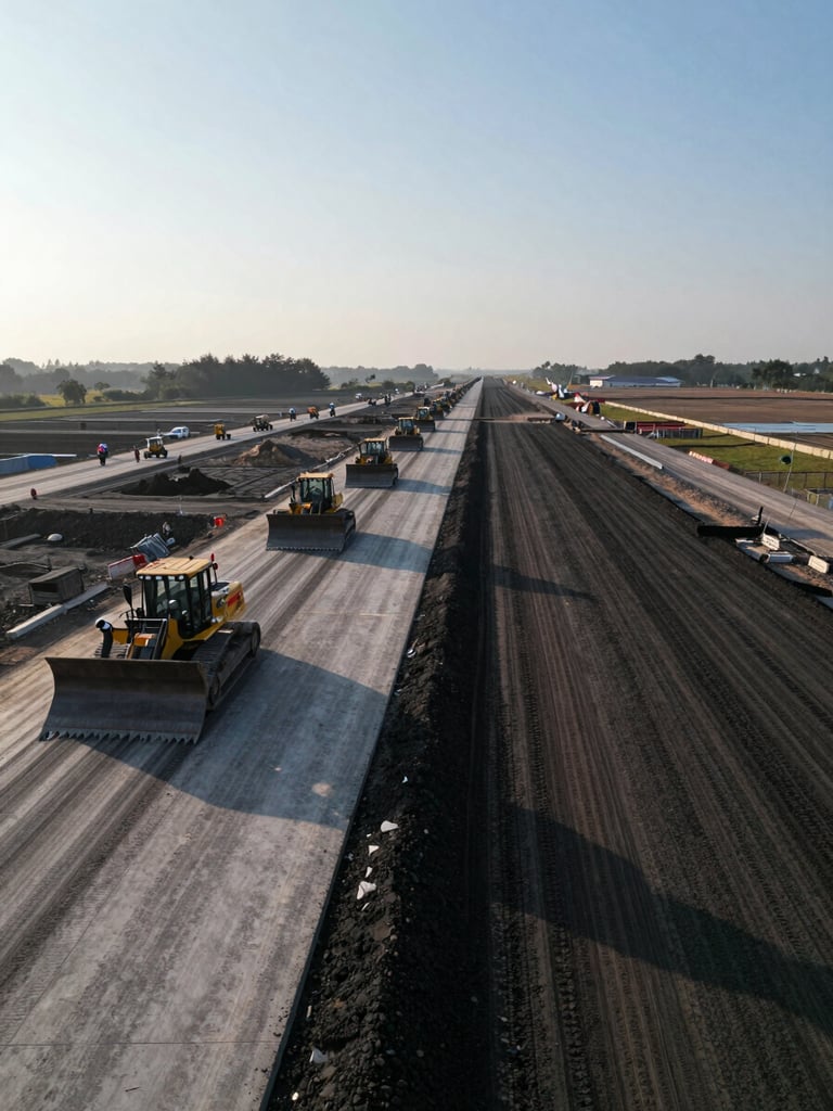 Wide panoramic aerial view of an active road construction site at early morning, heavy grading equipment and crew visible across the left two-thirds, freshly compacted subbase extending toward the horizon, long shadow lines cutting across the frame, open sky above, no faces visible