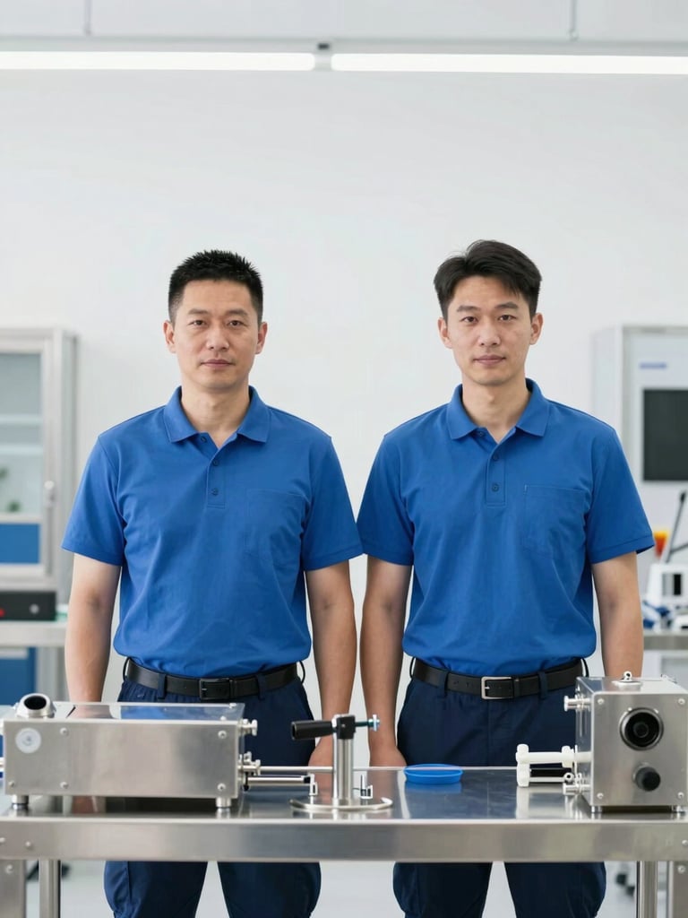 Straight-on portrait of two water safety technicians in clean blue shirts working in a bright, organized assembly facility with stainless steel hardware, daylight