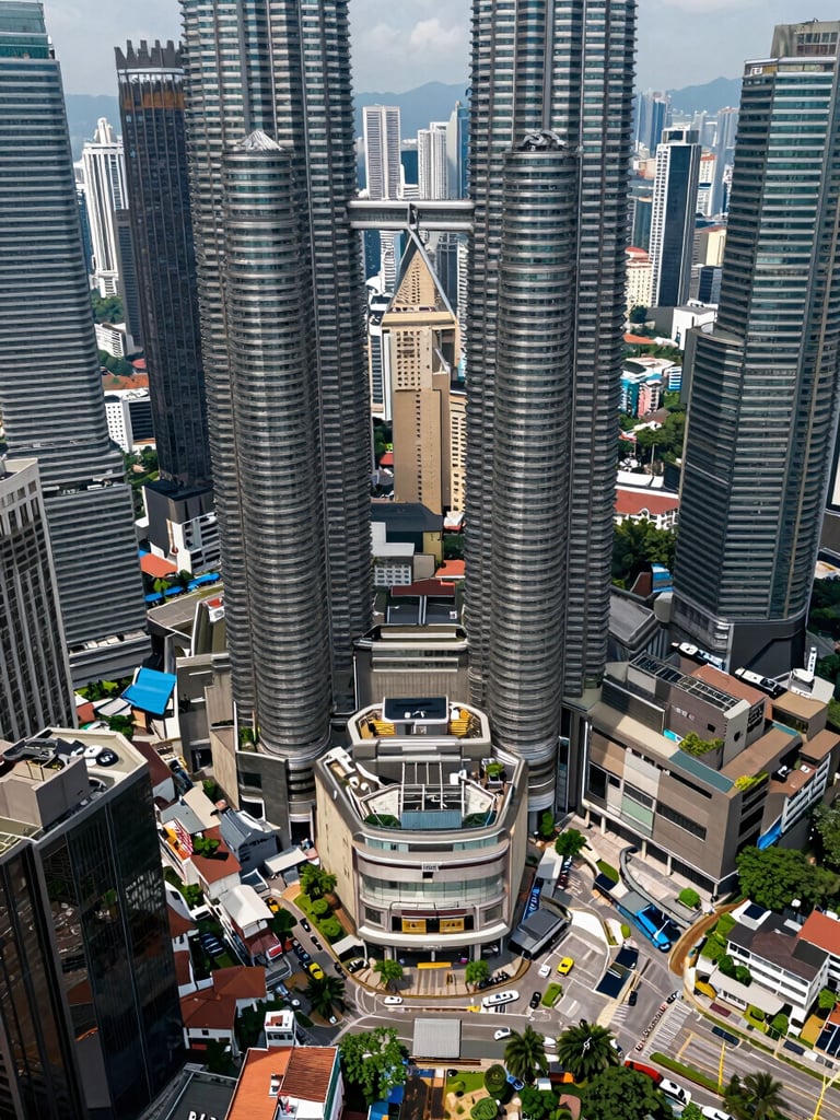 Wide overhead urban map perspective of Kuala Lumpur city district, clean daylight, dense mid-rise and high-rise blocks forming structured street grid, arterial roads and transit lines visible, no labels or text overlays, architectural precision framing