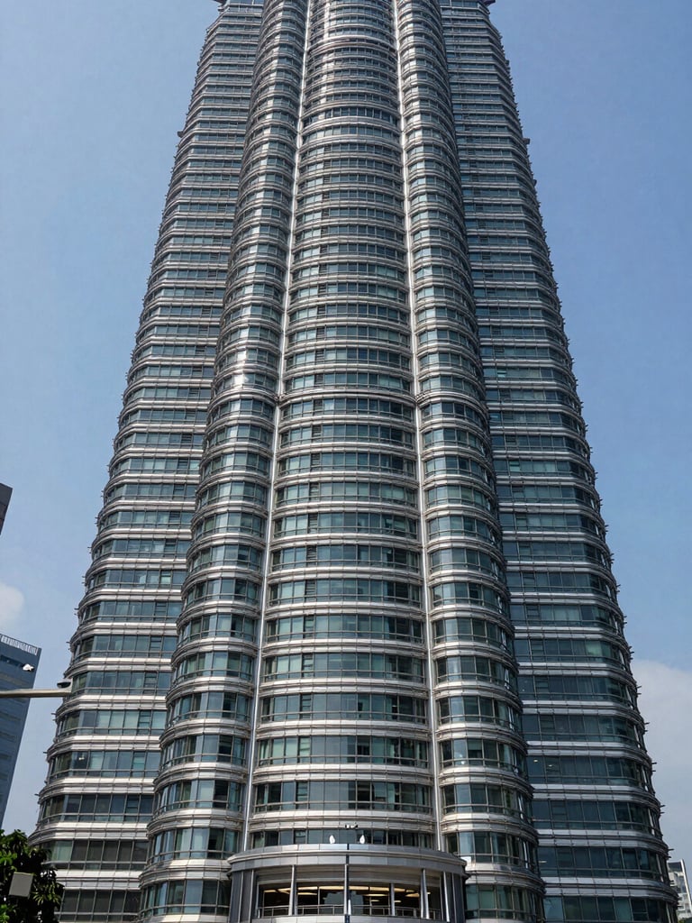 Straight-on architectural exterior of a modern premium residential tower in Kuala Lumpur, clean daylight illuminating precise geometric facade lines, glass curtain wall reflecting sharp blue sky, urban street context visible at base, no people, strong vertical composition