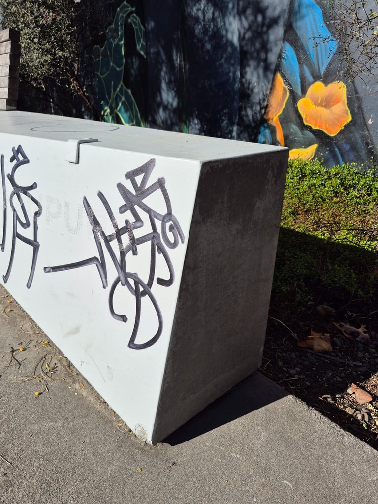 Black spray paint graffiti tag on a white concrete park bench near a colorful mural.