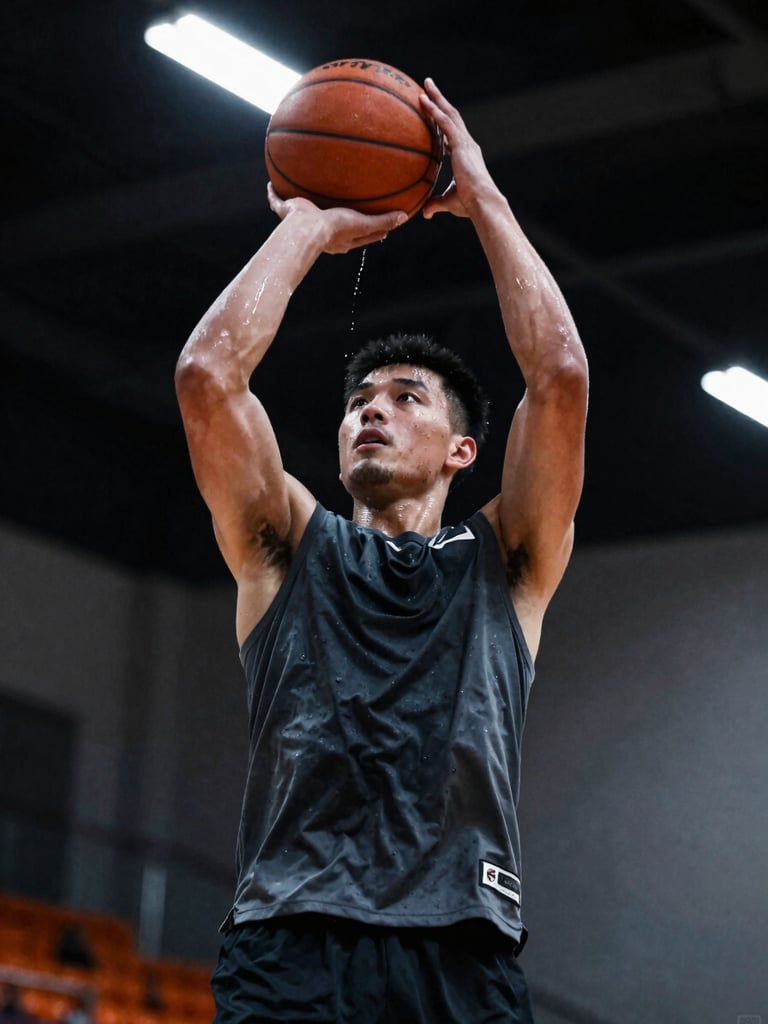 High-contrast action shot of a basketball player mid-drill, sweat dripping, dramatic indoor court lighting, deep charcoal tones.