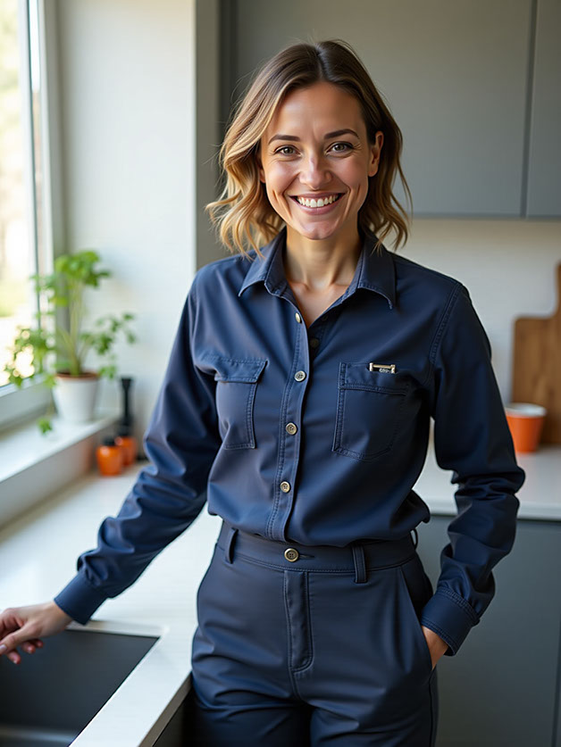 Female plumber in navy uniform in modern kitchen
