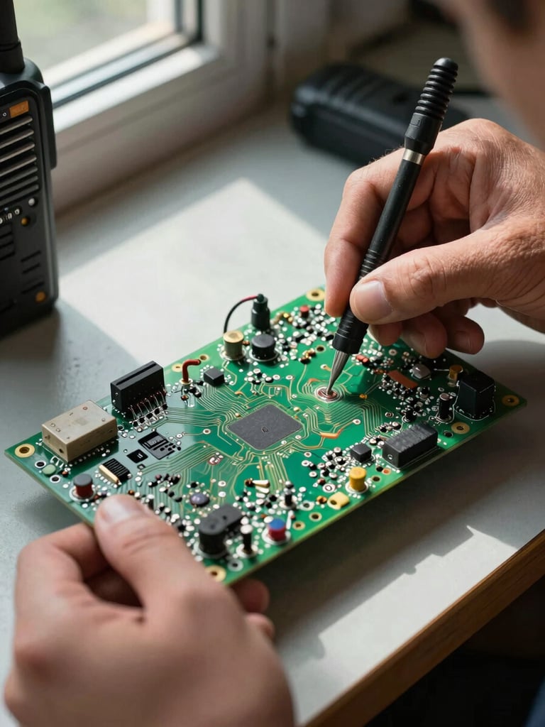 Extreme close-up of a technician's hands holding a disassembled Motorola two-way radio circuit board on a workbench, solder points and component traces visible, natural daylight from a side window casting sharp shadows across the board surface, no faces visible