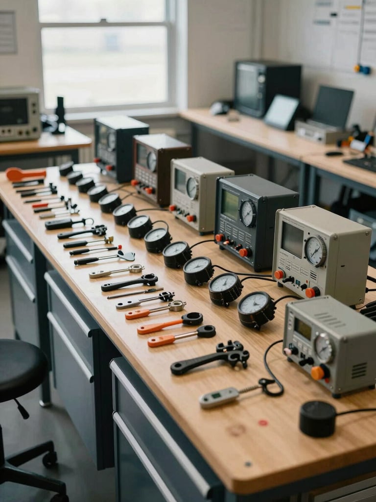 Wide shot of an organized workshop interior showing a Motorola service workbench with tools arranged in rows, test equipment and meters on the bench surface, natural light from a window at the far end, no people, the space communicating systematic order and technical readiness