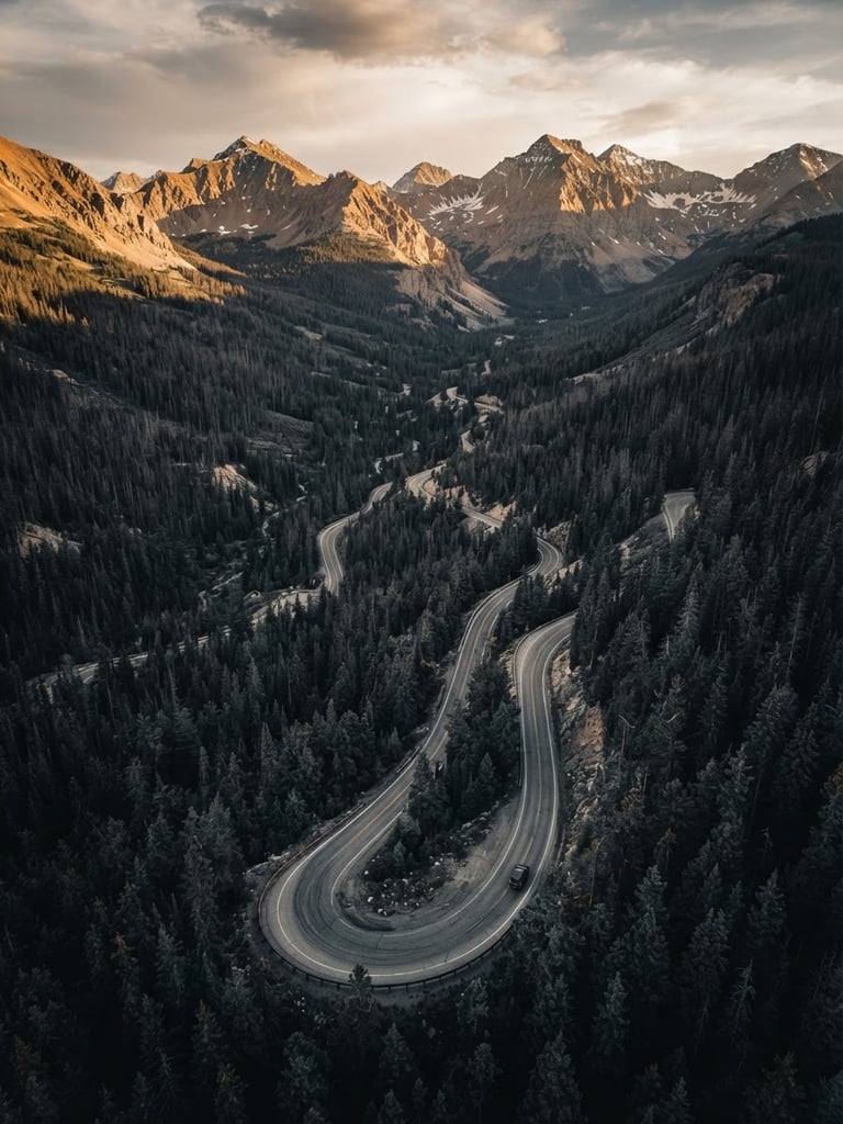Wide environmental aerial shot of a winding mountain road cutting through desaturated evergreen forests at golden hour, high contrast, 35mm film aesthetic.