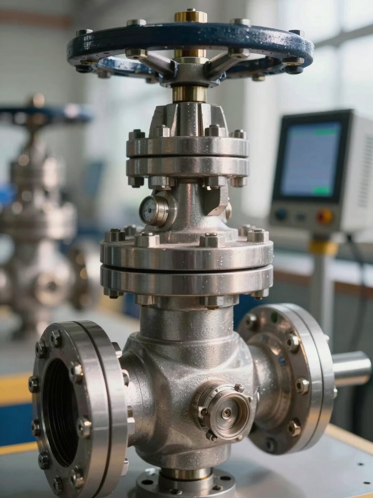 Extreme close-up of a heavy industrial flow-control valve and digital telemetry equipment on-site, crisp bright morning light reflecting on metallic surfaces, precise calibration dials visible, technical-industrial engineering focus.