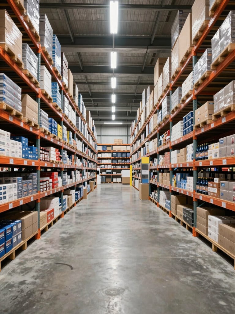 Wide-angle straight-on shot of a modern industrial warehouse interior, rows of organized product shelving under bright studio-grade overhead lighting, neutral concrete floor, no people, no shadows obscuring product detail, clean and orderly