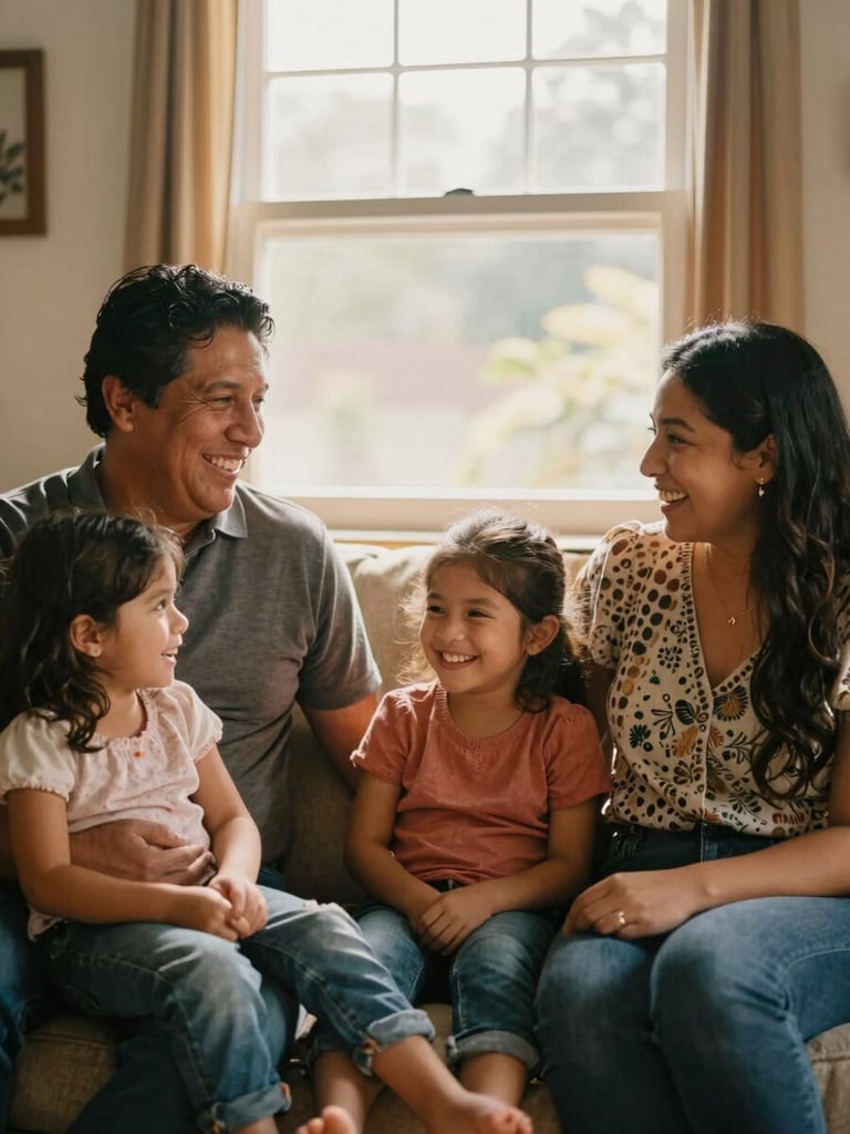 Warm environmental portrait of a Mexican family laughing together in a sunlit living room, natural soft window light, authentic expressions, 35mm