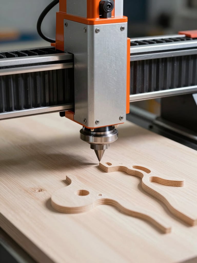 Close-up of a high-precision CNC router milling a wooden product prototype, safety orange accents on the machine, hard studio lighting, high contrast