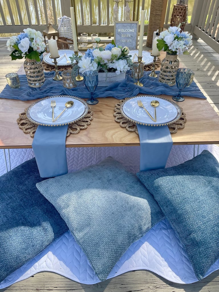 Layered blue Gathered Grace Picnic Co luxury party setup for special occasions, dates, celebrations