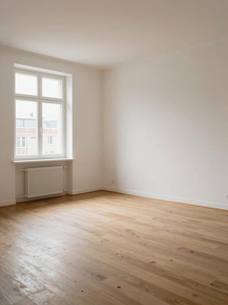Wide environmental shot of a restored empty room in a northern French apartment, afternoon light entering through a single window on the left, bare wooden floor, freshly cleared walls, soft overcast daylight, no people, quiet and ready