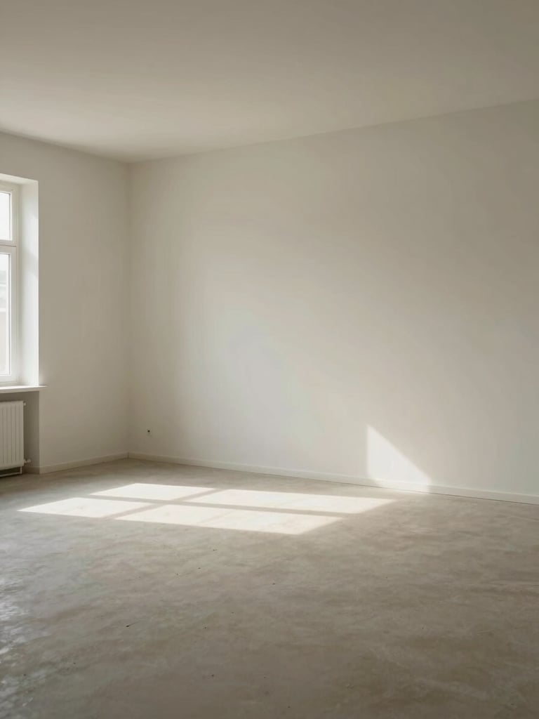 Wide environmental shot of a cleared, quiet interior room bathed in soft north-facing daylight, pale walls, an empty floor with faint window light casting long shadows, no furnishings yet — the room simply ready, Normandy overcast light, calm and still