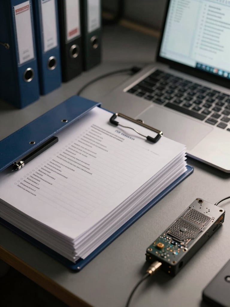 Close-up overhead study of a technical workspace — classified document binders, a laptop showing encrypted file system directories, and a hardware security module on a matte desk surface, controlled studio lighting, no people visible