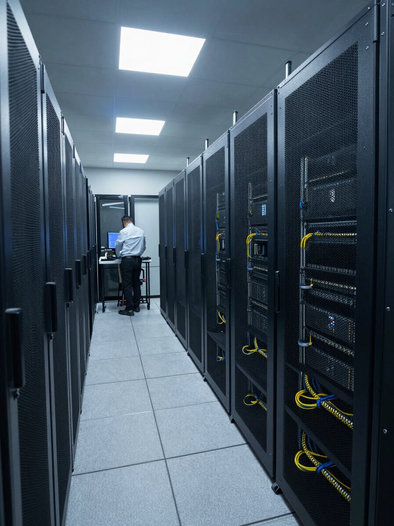 Wide environmental shot of a modern server infrastructure facility in Dubai, rows of high-density server racks under cool white overhead lighting, cable management visible in foreground, technician in background reviewing a terminal screen, institutional and precise