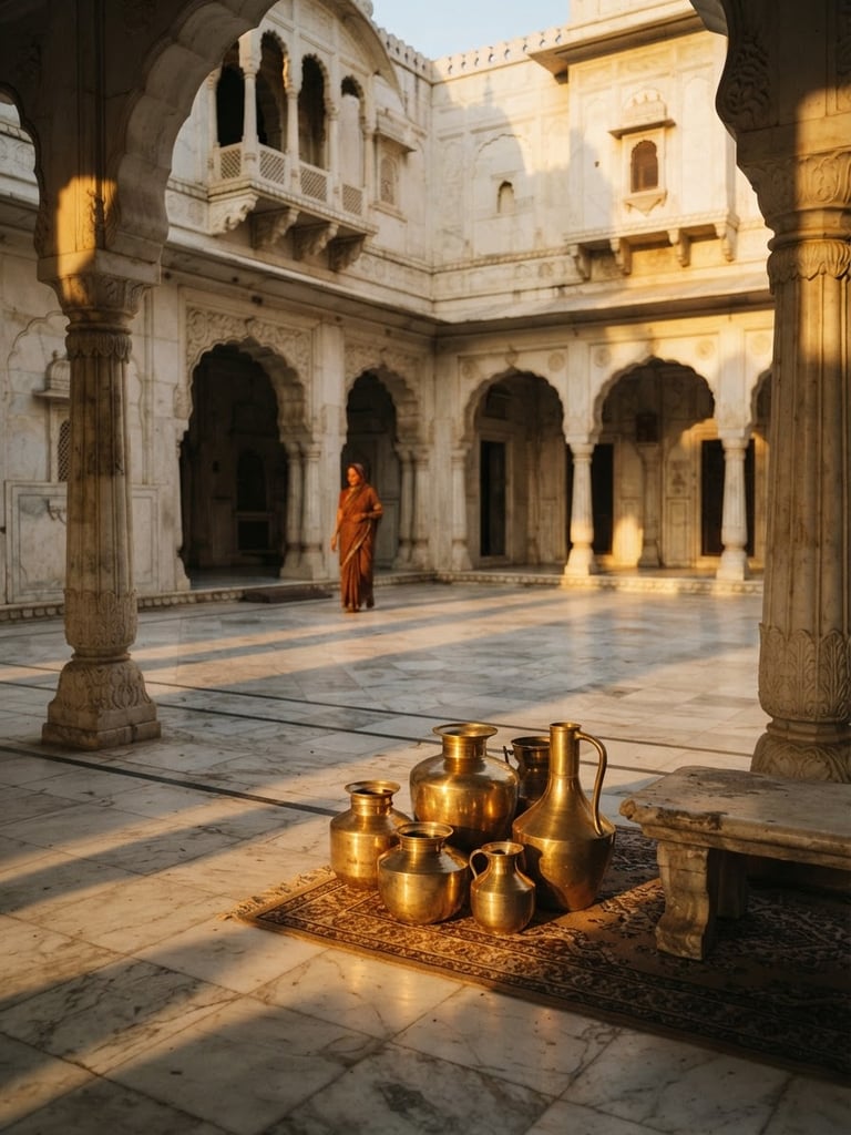 Dramatic golden-hour sunlight casting long shadows across a white marble courtyard in Jaipur, brass vessels gleaming, warm editorial interior photography, 35mm