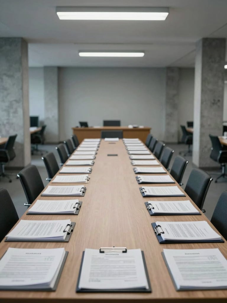 Wide environmental shot of an empty institutional workspace, long conference table under cool overhead lighting, legal documents and binders arranged in precise rows, architectural concrete columns framing the space, muted cool-gray tones, no people