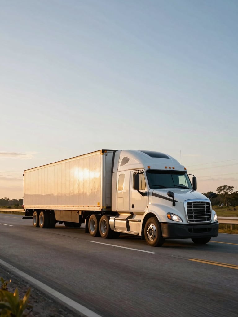 Wide panoramic shot from road level, a loaded semi-trailer in three-quarter angle rolling through a sunlit Florida highway, golden-hour light raking across the cab, motion blur on the wheels, open sky behind, generous negative space to the left