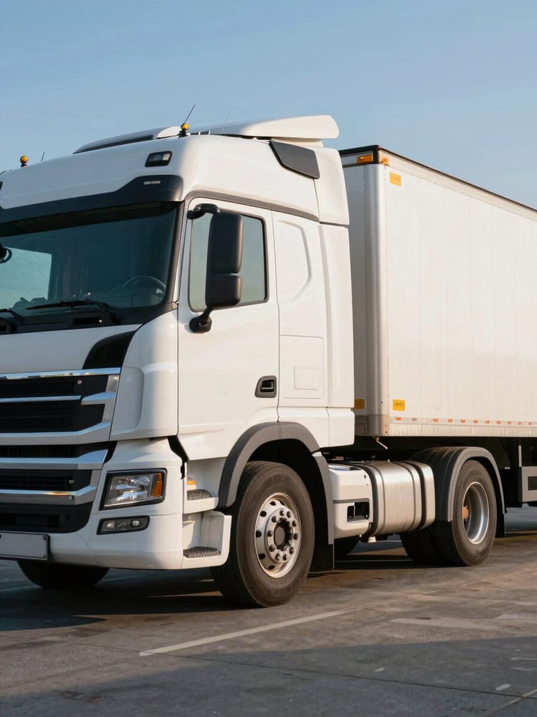 Side-profile of a white semi-trailer truck parked at a freight yard, morning light casting long shadows across the pavement, cab detail sharp, tires and chrome grille visible in foreground
