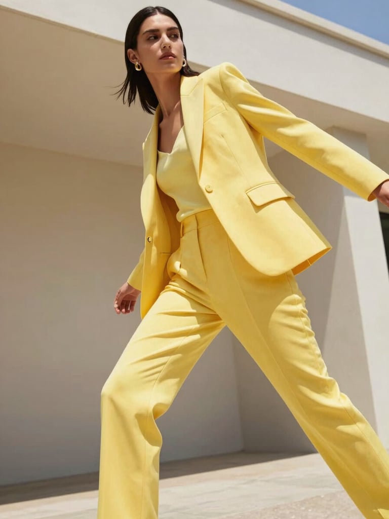 Low-angle shot of a model in a sun-drenched yellow tailored suit, dynamic high-motion pose, clean architectural background
