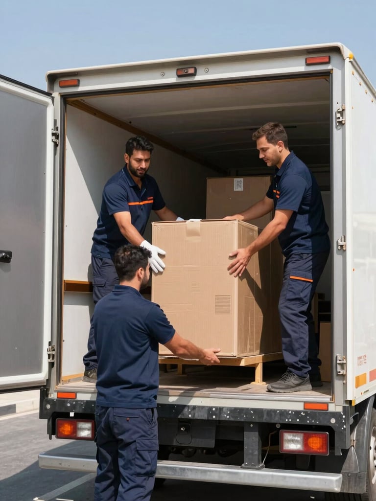 Uniformed professional moving crew in navy shirts securing cargo inside a clean, well-lit truck, bright direct sunlight, sharp focus, 35mm