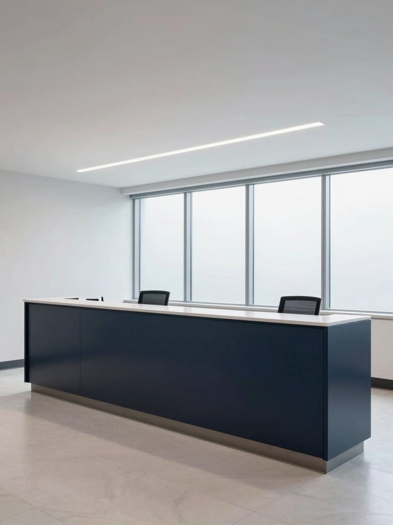 Wide architectural shot of a pristine medical office reception area in Albuquerque, clean lines, cool window light, 35mm.