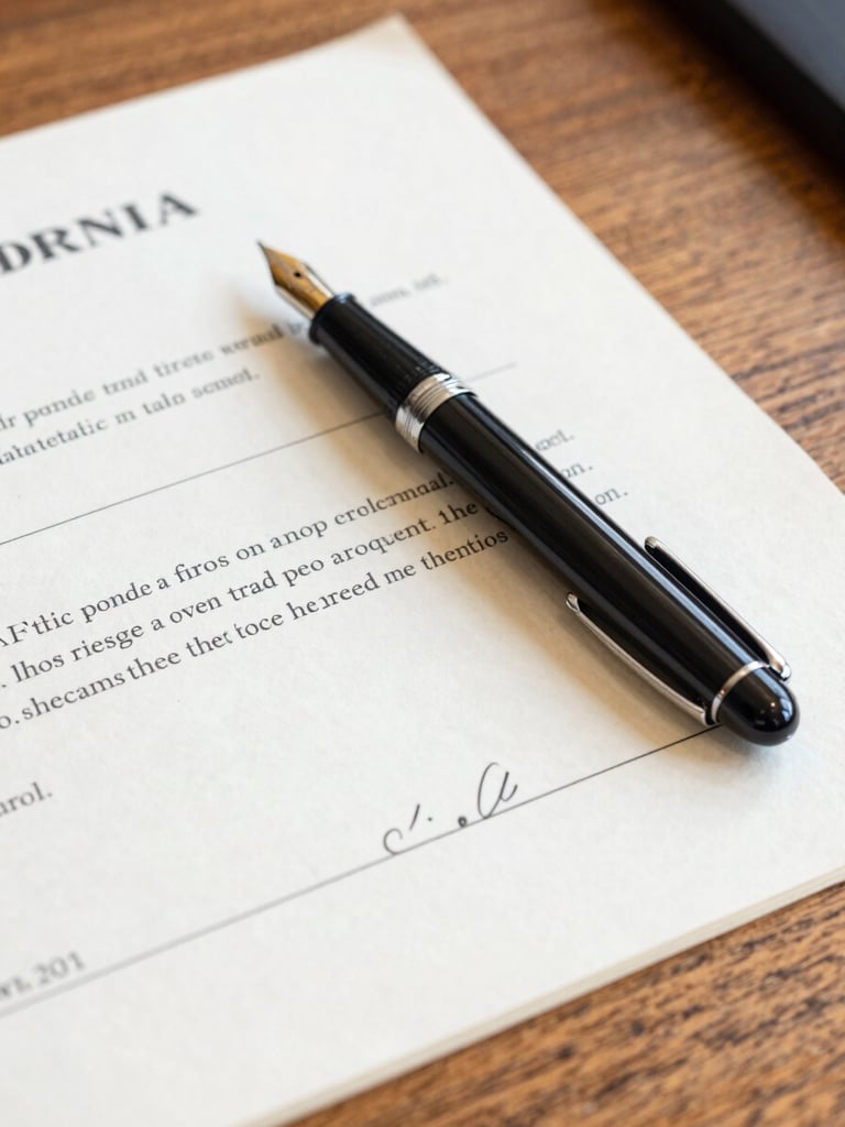 A crisp, natural daylight close-up of a fountain pen resting on a perfectly aligned, stamped California legal document on a clean oak desk.