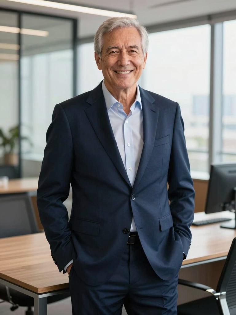 Professional environmental portrait of a senior financial mentor in a tailored navy suit, bright daylight modern office, smiling confidently, 35mm photography