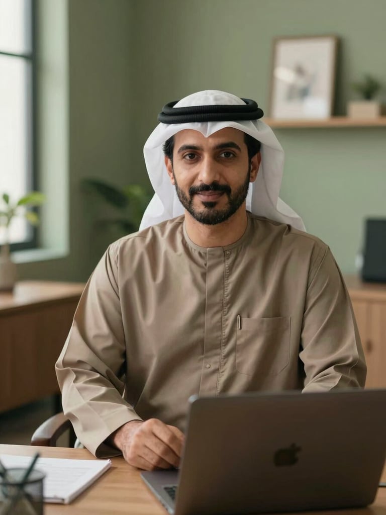 A professional and warm portrait of an Arab family advisor in a calm, modern office with olive green accents, soft diffused lighting, looking reassuringly towards the camera.