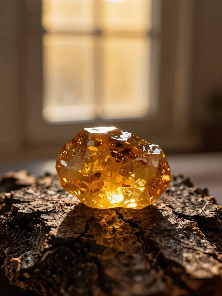 Close-up of a glowing amber resin chunk on a dark, textured wood bark, warm golden light illuminating the translucent resin from behind, shallow depth of field, 35mm