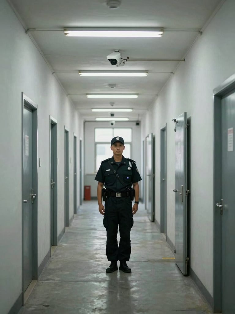 Wide environmental shot looking down a long industrial corridor at a uniformed guard conducting a patrol check, clinical overhead fluorescent lighting, security camera mounted high on wall in the mid-ground, concrete floor and steel doors, neutral daylight from a far window — operational, not posed