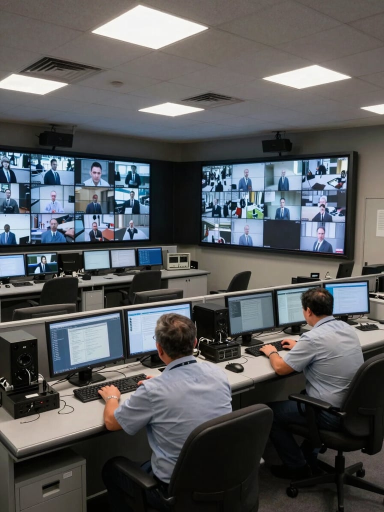 Overhead wide shot of a security command centre interior — two operators seated at monitoring desks with multiple CCTV screens active, clinical overhead studio lighting, equipment and comms hardware visible on the desk surface, no posed expressions, documentary framing