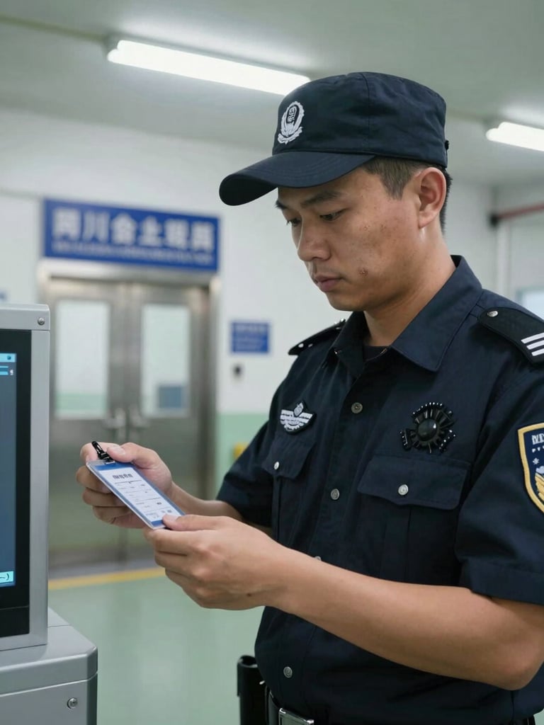 Close-up environmental shot inside an industrial facility — a security guard in full uniform checking a verification badge at an access control point, overhead fluorescent lighting, steel door and signage in background, framed from chest height to show the badge detail and the guard's focused expression, no smiling