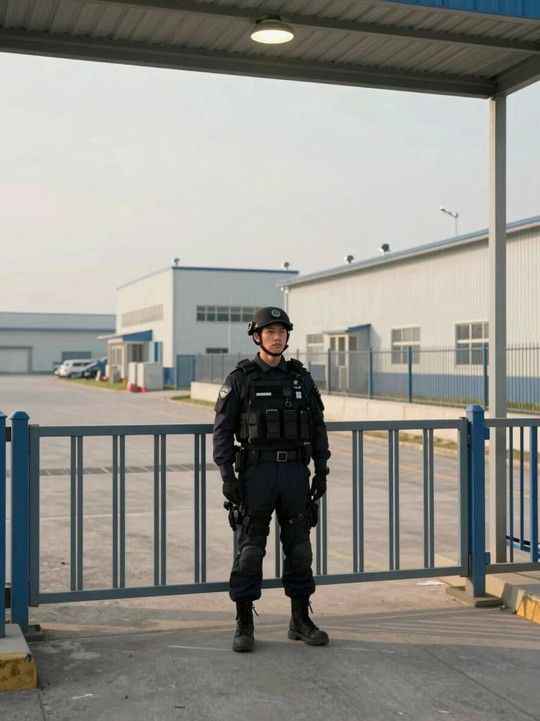 Wide environmental frame from a mid-height vantage: a uniformed security guard in dark tactical gear standing at the perimeter gate of a large industrial facility at neutral daylight, facility structures and fencing extending into the background on the right third, open forecourt to the left — clinical overhead light, no warm tones, no smiling