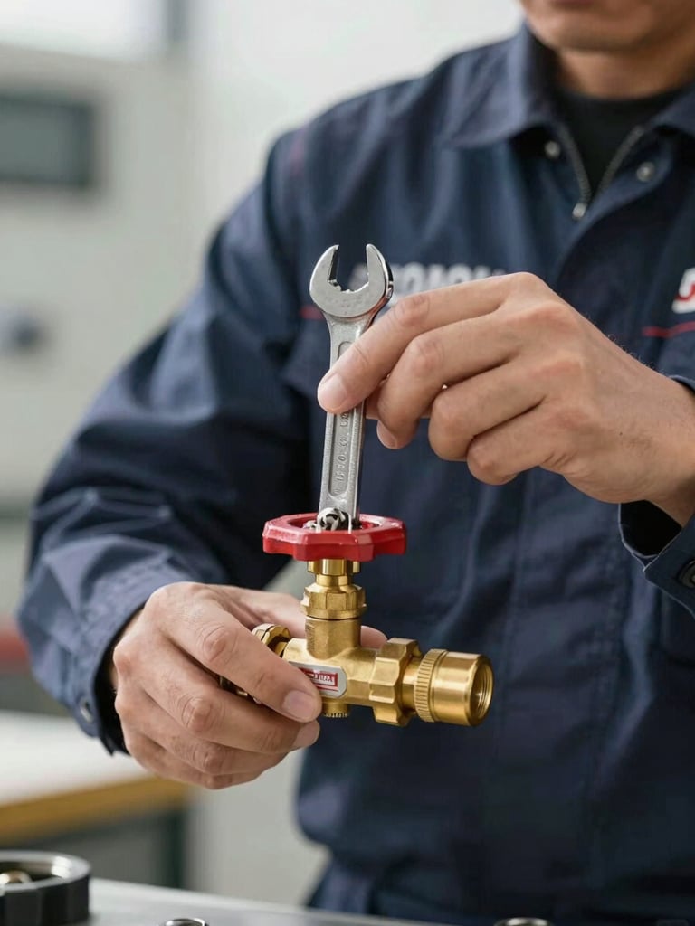 Close-up of a professional technician in a branded navy uniform adjusting a brass pressure valve with a technical wrench, bright natural daylight.