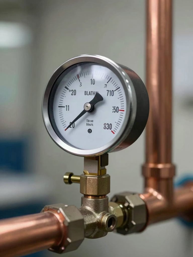 Close-up of clean copper piping and a pressure gauge showing optimal calibration, bright focused work-light, technical backdrop.