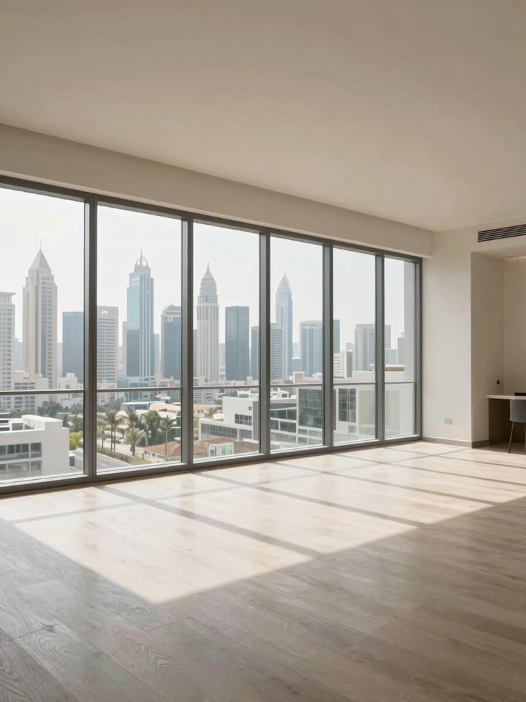 Wide interior shot of a bright open-plan apartment living area, floor-to-ceiling windows revealing a Dubai skyline, even professional daylight, no staging clutter, neutral tones, architectural clarity