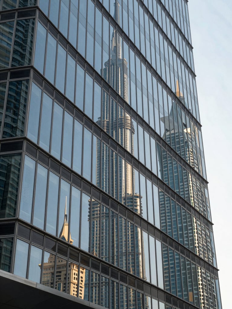 Close-up of a floor-to-ceiling glass facade on a Dubai commercial building, reflections of sky and neighbouring towers in even midday light, architectural lines receding to the upper right, no people, no signage