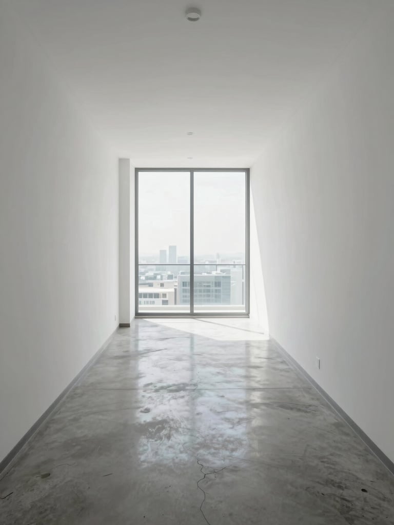 Wide interior corridor of a modern Dubai apartment, clean white walls and polished concrete floors receding to a floor-to-ceiling window, even daylight flooding the space, no furniture, architectural geometry sharp and unfiltered