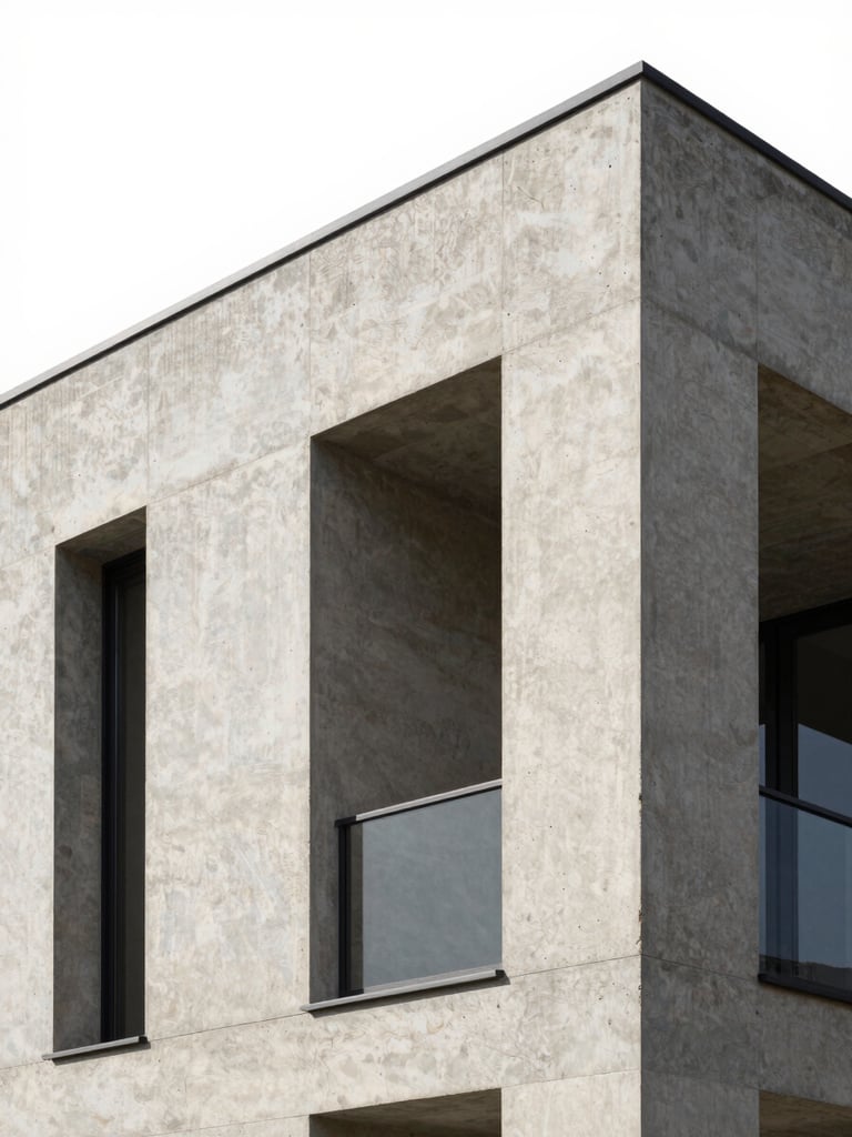 Close architectural detail shot of a villa exterior — rendered concrete facade, deep-set window reveals, precise shadow lines under midday light, no people, clean white sky, framing emphasises material quality and structural geometry