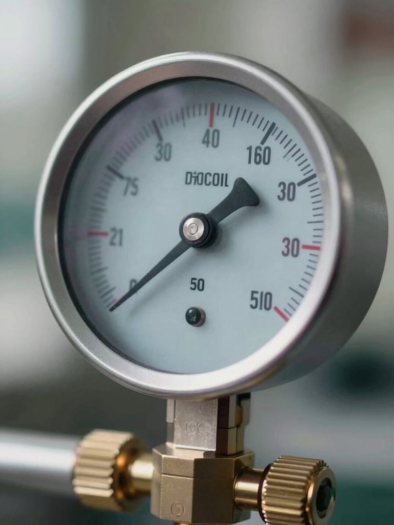 Close-up of a digital manifold gauge displaying refrigerant pressure calibration readings, sharp daylight, technical-industrial precision.