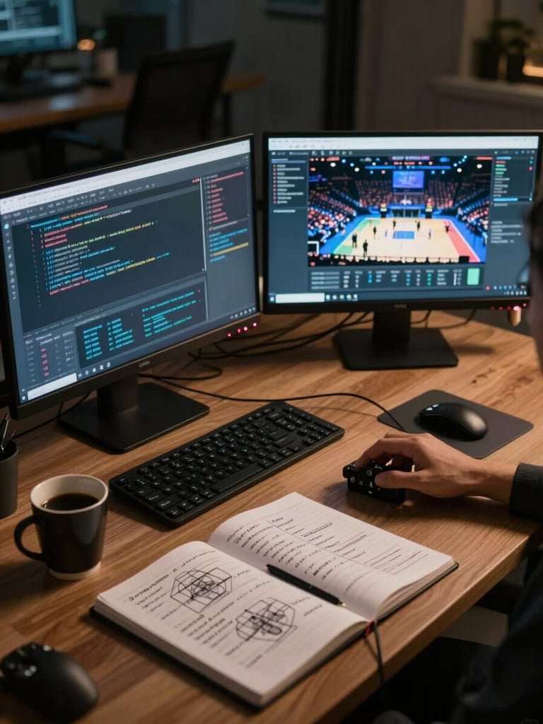 Overhead wide shot of a developer's desk during active work late at night, two monitors showing deployment terminal output and a live staging environment, dim ambient light from the screens, coffee cup and notebook with handwritten architecture notes in the foreground, no people visible