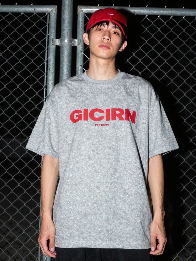 Low-angle gritty streetwear photo of a model wearing an oversized grey graphic tee, direct flash, posing against a metal chain-link fence at night
