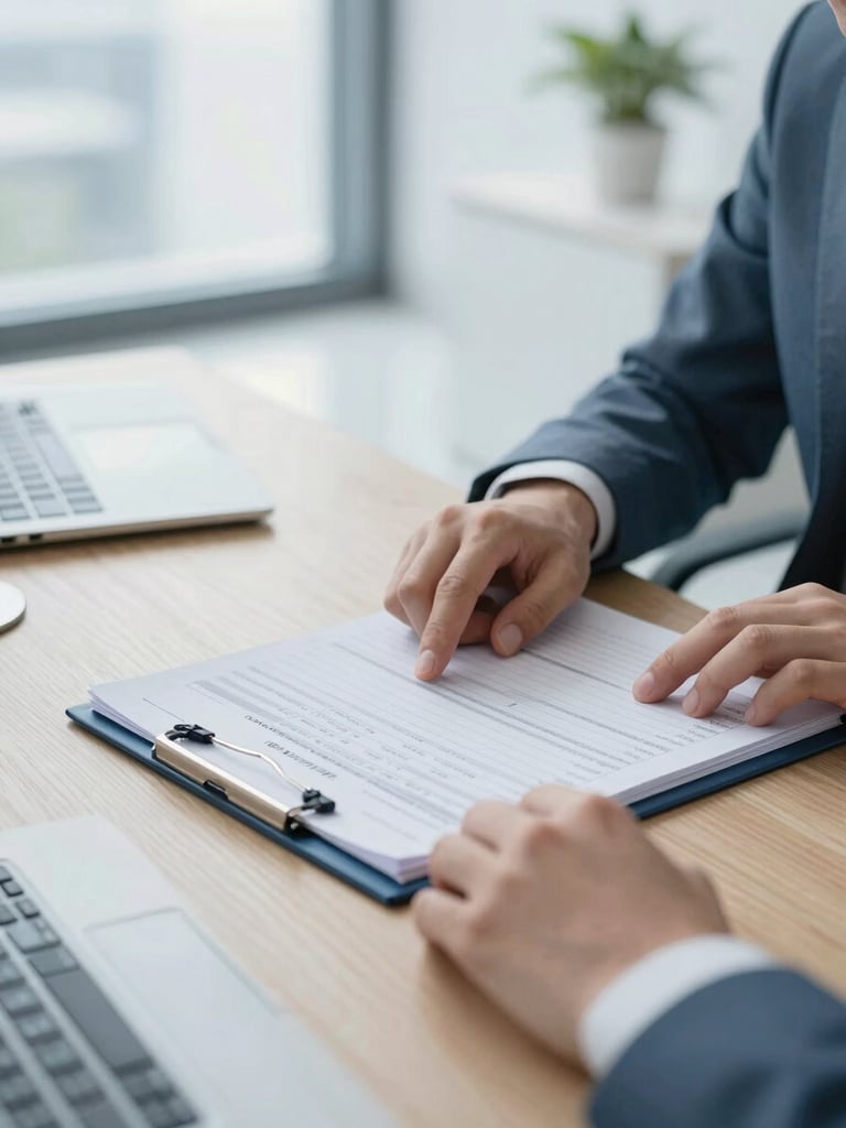 Bright, crisp modern office interior with natural daylight, hands reviewing a structured financial ledger on a wooden desk, shallow depth of field, cool blue tones.