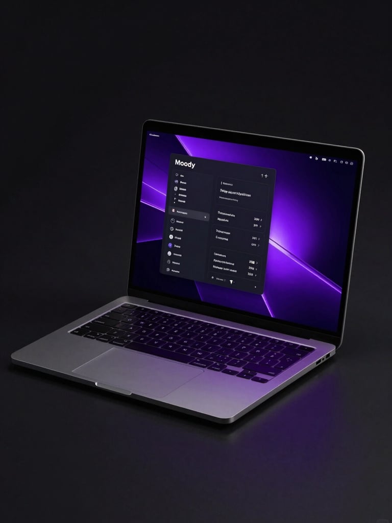 Moody tech photography of a sleek laptop mockup displaying a dark user interface with vibrant purple neon accents, high-contrast studio lighting, dark obsidian background, 35mm.